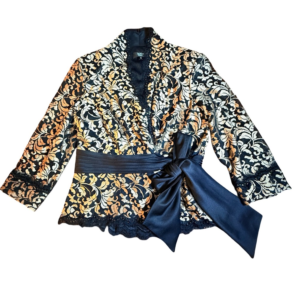 Tadashi Shoji Collection Gold Black Lace Wrap Top‎ Sequin Trim Bow 14 Kimono